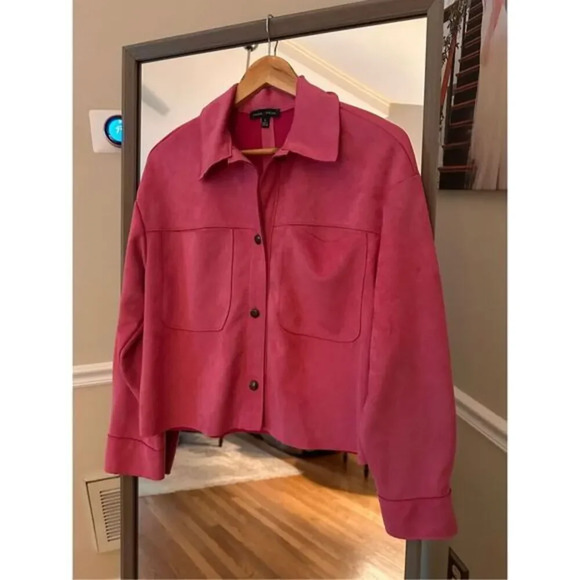 MOA MOA Hot Pink Faux Suede  Button Down Shirt Size Small - Picture 3 of 6